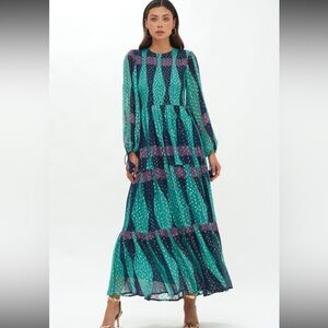 Oliphant Green and Blue Long Sleeve Tiered Gown